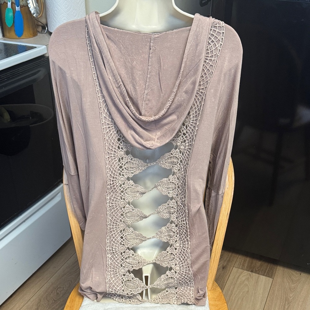 POL NWOT S (M good) taupe Hooded CROCHET OPEN BACK LIQUID Knit 100% cotton Top
